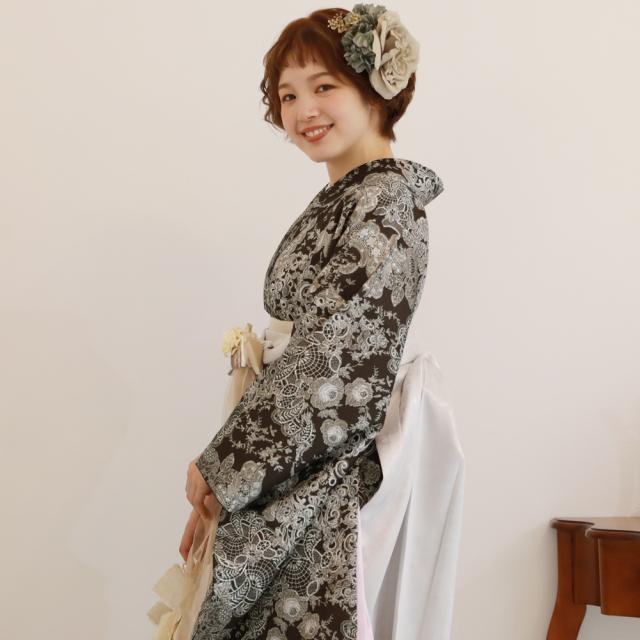 卒業式 袴 レンタル 女 大学 フルセット 袴セット 女性 卒業式袴セット 袴フルセット 「茶色に花とレース模様」レンタル シンプル 大人