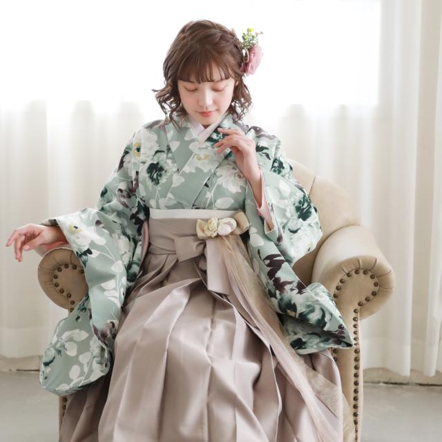 履物が選べるレンタル 桜田ひより×百華ブランド 卒業式 袴 レンタル 女 大学生 フルセット 袴セット 女性 卒業式袴セット 袴フルセット 「薄緑地にクラシカルポピー」レンタル シンプル 大人