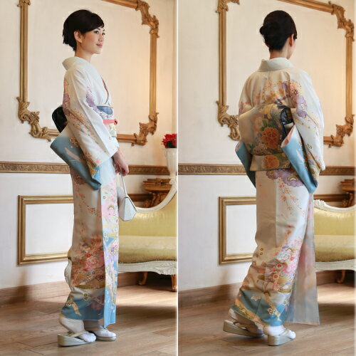 訪問着 レンタル 19点フルコーディネートレンタルセット「水色地に雲取りと扇と花」結婚式 入学式 七五三 訪問着 レンタル 19点フルコーディネートレンタルセット「水色地に雲