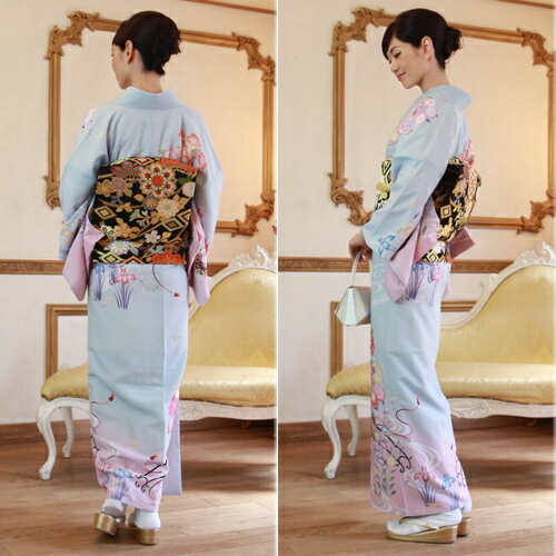 訪問着 レンタル 19点フルコーディネートレンタルセット「水色地に花車