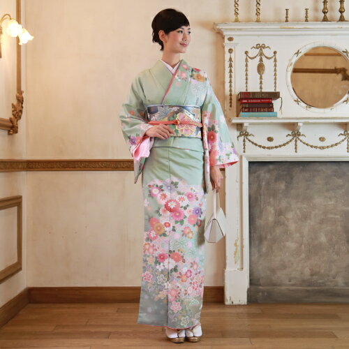 訪問着 レンタル 19点フルコーディネートレンタルセット「淡い緑地に菊 桜 七宝花菱」結婚式 入学式 七五三 訪問着 レンタル 19点フルコーディネートレンタルセット「淡い緑地に菊 桜 七宝花菱」結婚式 入学式 七五三