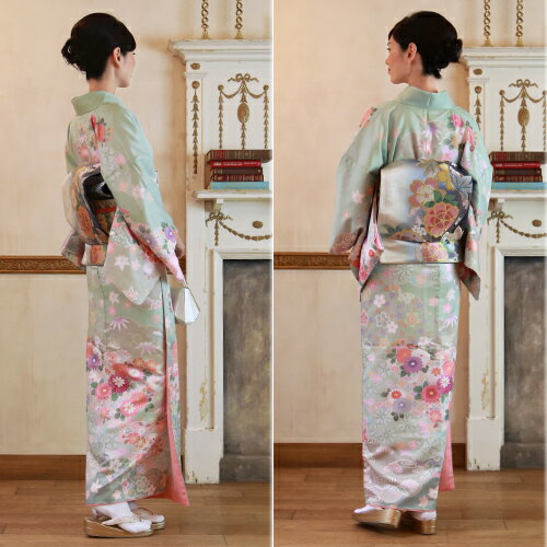 訪問着 レンタル 19点フルコーディネートレンタルセット「淡い緑地に菊 桜 七宝花菱」結婚式 入学式 七五三 訪問着 レンタル 19点フルコーディネートレンタルセット「淡い緑地に菊 桜 七宝花菱」結婚式 入学式 七五三
