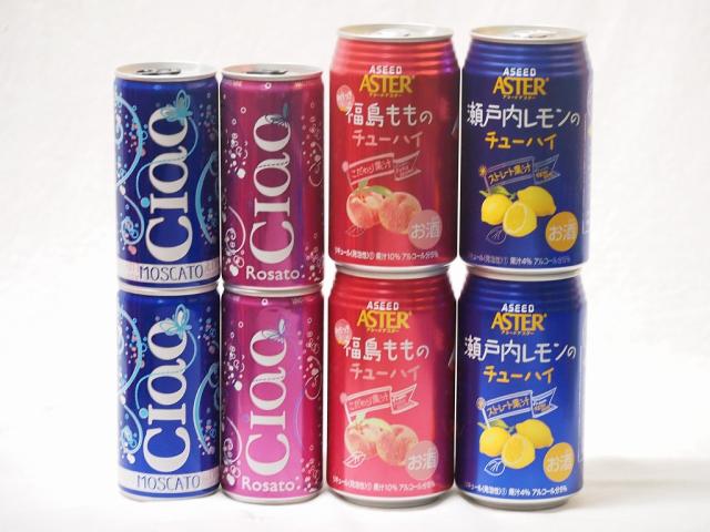こだわりの缶ワインと缶チューハイ8本セット(イタリアチャオ モスカート 甘口微発泡白ワイン イタリアチャオ ロザート やや辛口微発泡ロゼワイン ストレート果汁瀬戸内レモンのチューハイ ストレート混濁果汁福島もものチューハイ) 300ml×4本 350ml×