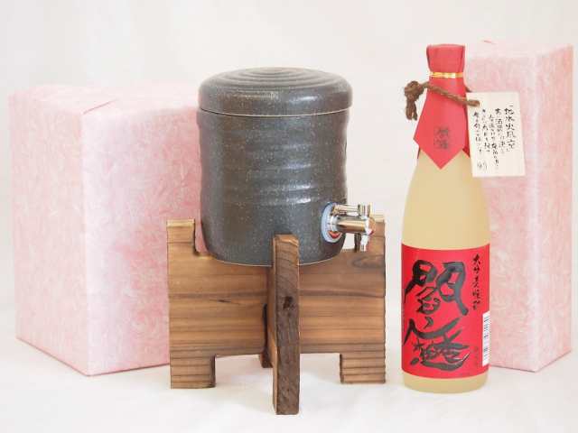 国産美濃焼 焼酎サーバー1200cc木代付セット(13.5×15.5cm 1.6kg)老松酒造 麦焼酎 全量麹仕込黒閻魔 (大分県) 720ml×1本