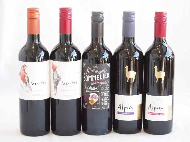 しっかりした存在感チリ赤ワイン 5本セット(クレマスキ ソムリエ カベルネ ソーヴィニヨン デル スール カベルネ ソーヴィニヨン デル・スール カルメネール アルパカ カルメネール  アルパカ カベルネ・メルロー) 750ml×5本 5,793円