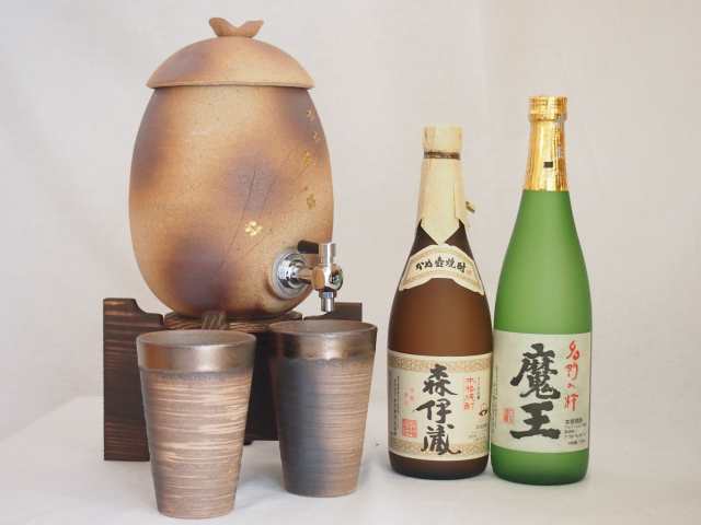 信楽焼・明山窯 焼酎サーバー 火色金小紋 2200ｃｃ(滋賀県)+萬古焼・備前金彩焼酎ペアカップ(三重県)+芋焼酎 魔王 森伊蔵 720ml 直販廉価 