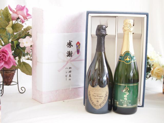 夏の贈り物お中元 感謝の贈り物ボックス 繊細な風味と泡立ちドンペリ白と国産ワイン2本セット(おたる醸造 ナイアガラス白パークリングワインやや甘口(北海道)720mlシャンパン フランス シャンパーニュ 正規品ドンペリニヨン ドンペリ白 750ml