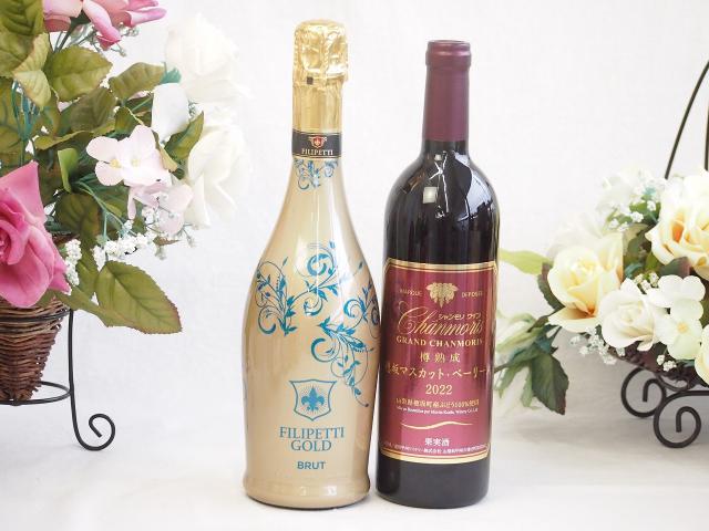 辛口スプマンテスパークリングワインと国産ワインセット(樽熟成穂坂マスカットベーリーA赤ワイン ミディアム(山梨県)750mlフィリペッティ ゴールド の通販は