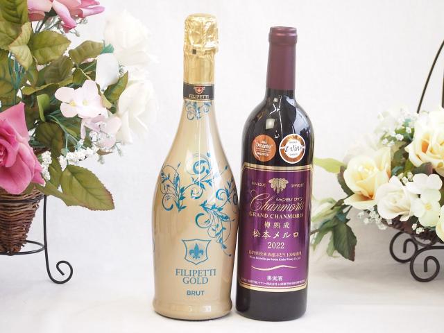 辛口スプマンテスパークリングワインと国産ワインセット(樽熟成松本メルロ赤ワイン フルボディ(山梨県)750mlフィリペッティ ゴールド ブリュット (の通販は