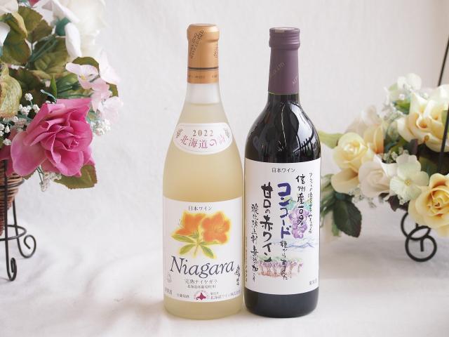 プレミアムなナイアガラワインと国産ワインセット 酸化防止剤無添加 信州コンコード赤ワイン 甘口(長野県)720mlおたる完熟ナイアガラ甘口白ワイン720ml