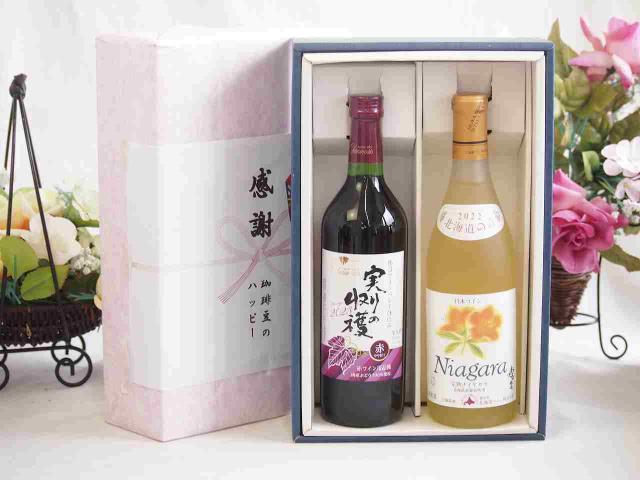 感謝の贈り物ボックス 国産やや甘口赤ワインと国産ワインセット(北海道の詩 完熟ナイヤガラ白ワイン 甘口(北海道)720mlヴィンテージ実りの収穫 赤ワイン720ml