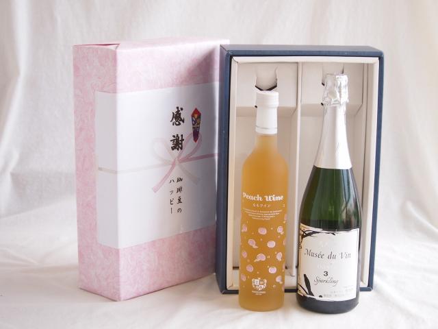 夏の贈り物お中元 感謝の贈り物ボックス 白桃甘口フルーツワインと国産ワインセット(MdV オアシス3 白スパークリングワイン辛口(長野県)750ml高畠もも甘口ワイン(山形県)500ml