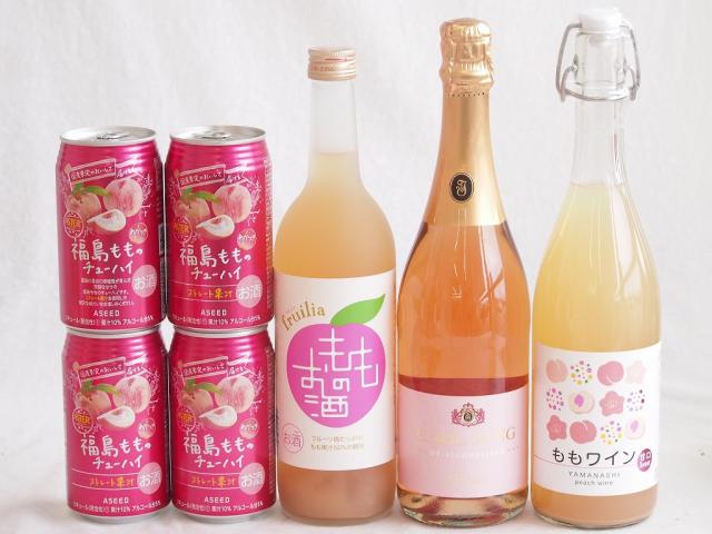 桃のお酒を楽しめる7本セット(山梨県ももワイン 国産もものお酒 脱アルコールカールユングピーチ(ドイツ) 福島もものチューハイ缶) 720ml×2本 750ml×1本 350ml×4本