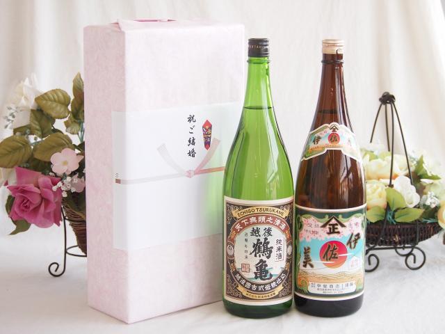 祝福の気持ちを寿々の香り日本酒セット 越後鶴亀 純米酒(新潟県)甲斐商店 伊佐美 芋焼酎（鹿児島県）1800ml×2本