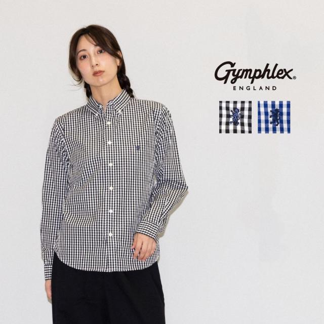 ジムフレックス GYMPHLEX 長袖ボタンダウンシャツ レディース ギンガムチェック デニム コットン 綿 カジュアル 長袖シャツ シンプル 定番 ベーシック グリフィン刺繍 GY-B0197 GY-B0197MGG