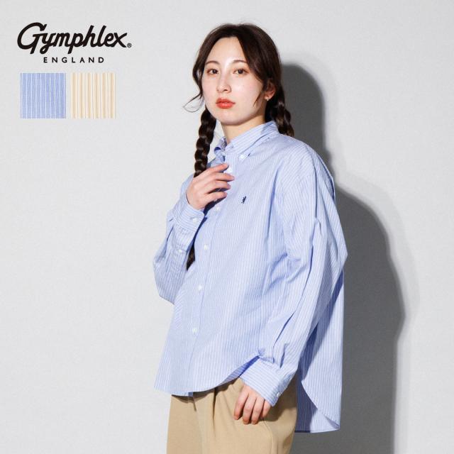 ジムフレックス GYMPHLEX コットンストライプ ショートボタンダウン長袖シャツ レディース 綿 日本製 カジュアル ボックスシルエット ラウンドヘム ショート丈 シンプル ロゴ 刺繍 GY-B0198