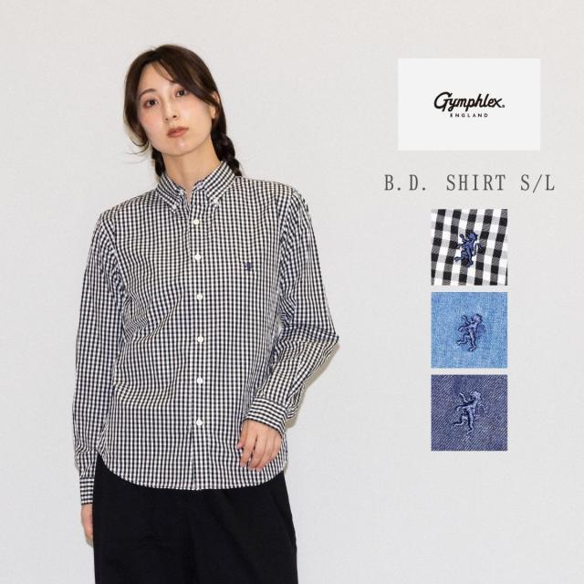 ジムフレックス GYMPHLEX 長袖ボタンダウンシャツ レディース ギンガムチェック デニム コットン 綿 カジュアル 長袖シャツ シンプル 定番 ベーシック グリフィン刺繍 GY-B0197