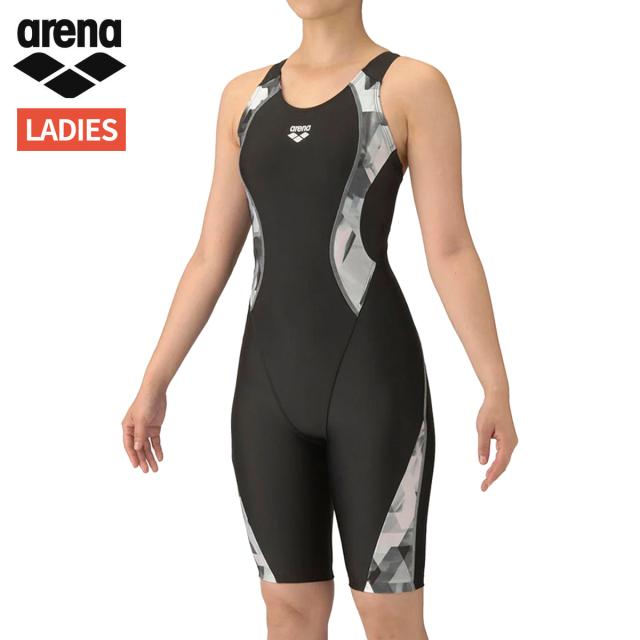 アリーナ arena アクアエクサ フィットネスワンピーススパッツ(カバーバック ハーフレッグ ぴったりパッド) レディース ブラック 黒 水泳 スイム フィットネス 水着 オールインワン AS5FWF14L-BKGY