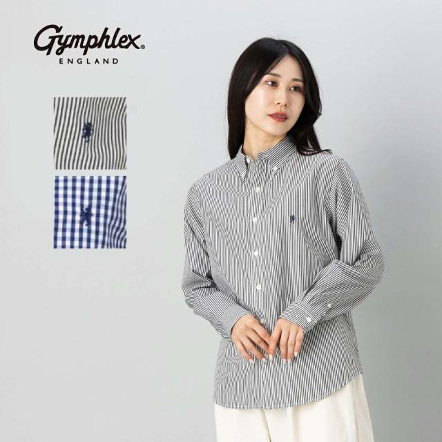 ジムフレックス GYMPHLEX 長袖ボタンダウンシャツ レディース ストライプ ギンガムチェック コットン 綿 カジュアル 長袖シャツ シンプル 定番 ベーシック グリフィン刺繍 GY-B0197MGS GY-B0197MGG