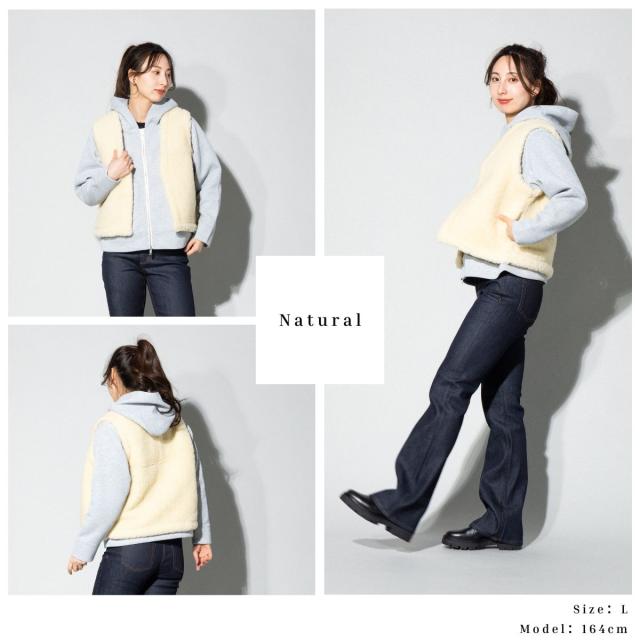 ムフロン ムフロン MOUFLON MOUFLON ボア Vネック ベスト レディース 秋 冬 ウール 羊毛 無地 厚手 ポケット フロントホック もこもこ 暖かい シンプル かわいい 2008BV_12