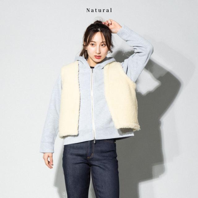 ムフロン ムフロン MOUFLON MOUFLON ボア Vネック ベスト レディース 秋 冬 ウール 羊毛 無地 厚手 ポケット フロントホック もこもこ 暖かい シンプル かわいい 2008BV_4