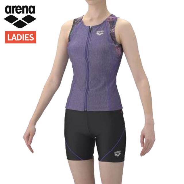 アリーナ arena すらっとセパ フィットネスセパレーツ(カバーバック ミドルレッグ 差し込みパッド) レディース パープル 紫 ブラック 黒 水泳 スイム フィットネス 水着 AS6SWF46L-PPBK