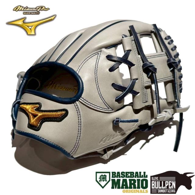 ミズノ MIZUNO 専用グラブ袋付き MizunoPro マリオオリジナル 軟式用グラブ 内野手用 長岡モデル サイズ10 一般 ミズノプロ グレー×Dブルー 小指2本入れ仕様 コユニ 野球 軟式 グローブ 長岡秀樹 学生 草野球 ベースボールマリオ MOGNM-HN