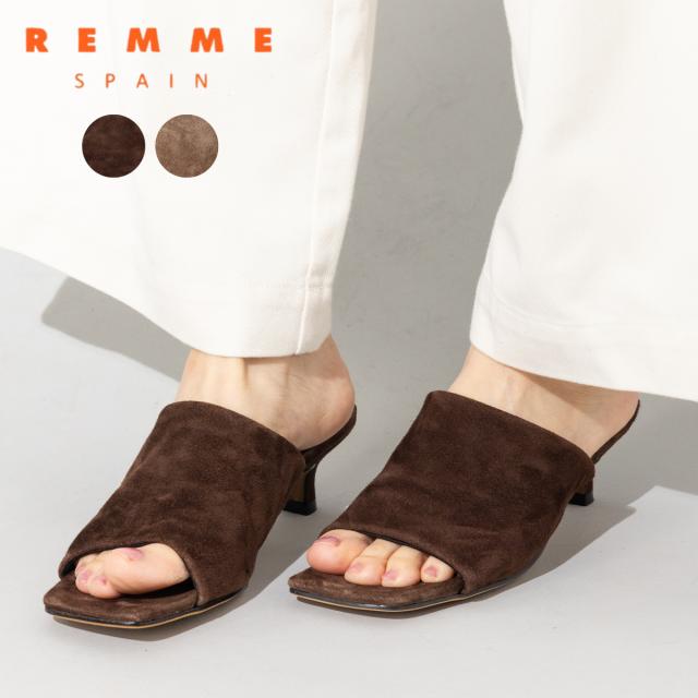 レメ REMME シープスエードローヒールサンダル レディース 春 夏 ミュール スクエアトゥ オープントゥ 羊革 上品 シンプル きれいめ おしゃれ 歩きやすい ZH-26S025-AN