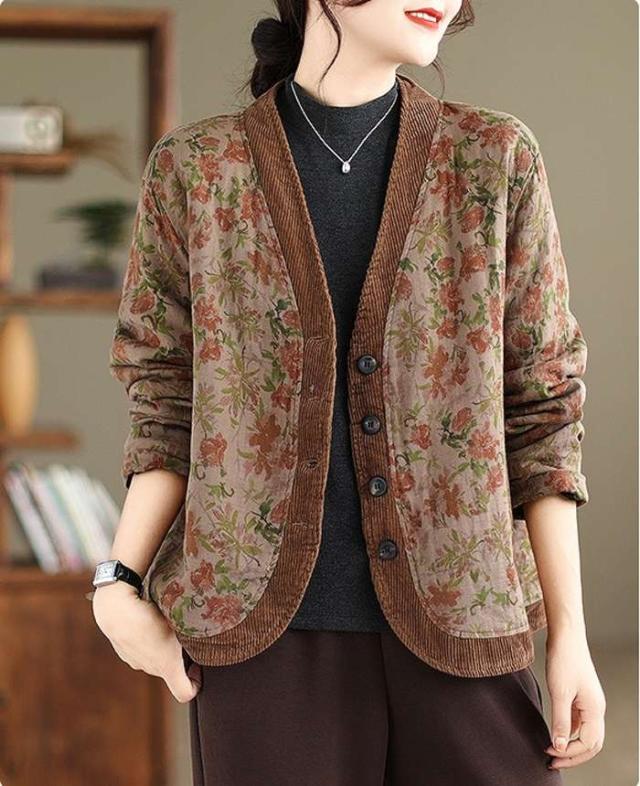 冬新作 予約商品 大きいサイズ レディース カーディガン 小花柄 総柄 ボタンカーディガン トップス コーデュロイパイピング LL 3L 4L 5L 韓国ファッション かわいい 大人 30代 40代 50代 冬服 202310の通販は