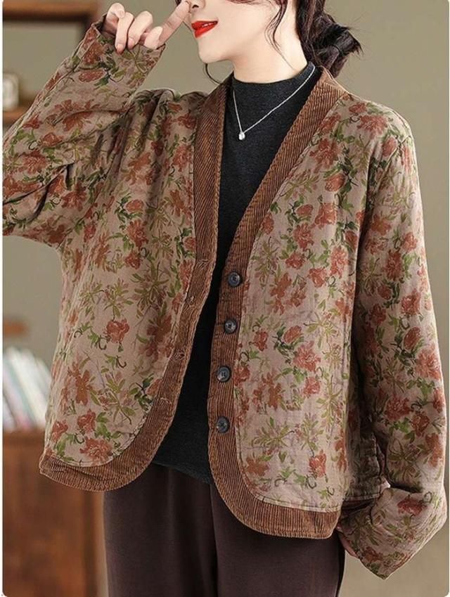 冬新作 予約商品 大きいサイズ レディース カーディガン 小花柄 総柄 ボタンカーディガン トップス コーデュロイパイピング LL 3L 4L 5L 韓国ファッション かわいい 大人 30代 40代 50代 冬服 202310の通販は