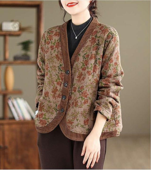 冬新作 予約商品 大きいサイズ レディース カーディガン 小花柄 総柄 ボタンカーディガン トップス コーデュロイパイピング LL 3L 4L 5L 韓国ファッション かわいい 大人 30代 40代 50代 冬服 202310の通販は