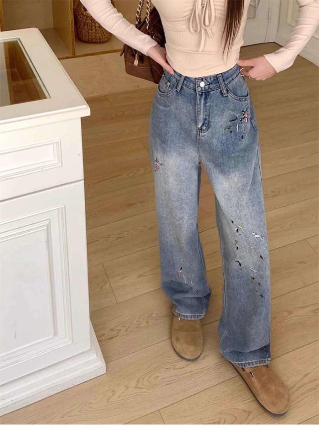 冬新作 予約商品 大きいサイズ レディース 刺繍 デニムパンツ ジーパン デニム ストレート ワイド パンツ 韓国ファッション カジュアルM L LL 3L 4L 5L 大人 30代 40代 50代 冬服 202310の通販は 5,279円