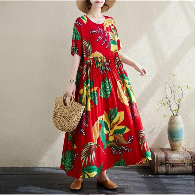 予約商品 大きいサイズ レディース リーフ柄プリント ロング丈 リゾート ワンピース フレア ワンピース 半袖 大人 30代 40代 50代 の通販は
