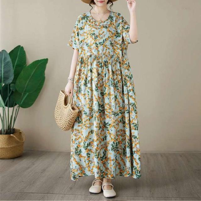 予約商品 大きいサイズ レディース 小花柄 フレア ロング ワンピース 総柄 ワンピ 半袖 ロング丈 大人 30代 40代 50代 の通販は