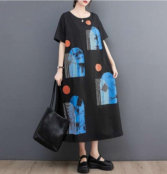 予約商品 大きいサイズ レディース モードデザインプリント フレアワンピース 半袖 Aライン ワンピース 大人 30代 40代 50代 の通販は