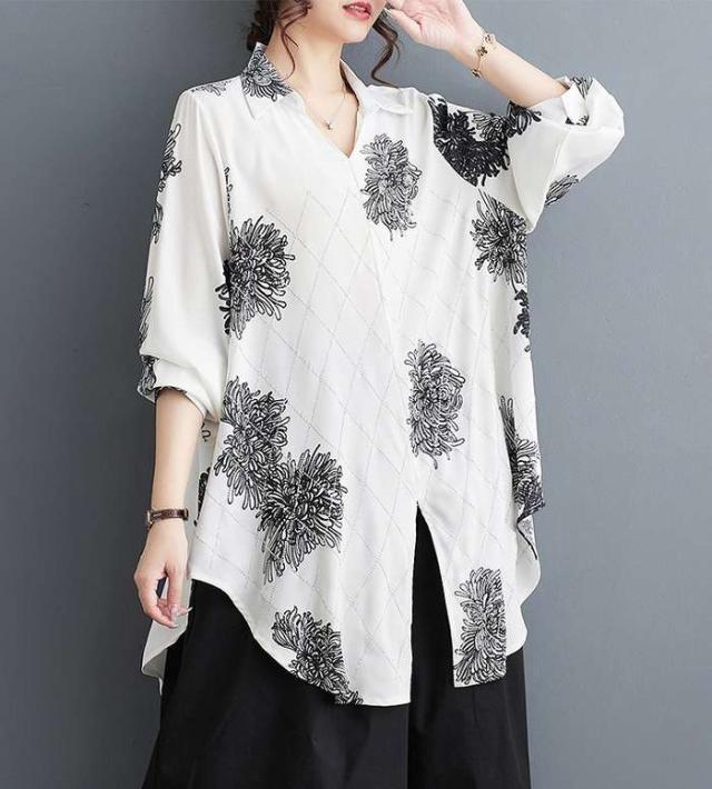 春新作 予約商品 大きいサイズ レディース トップス シャツ ブラウス 長袖 花柄 Vネック フリーサイズ 大人 30代 40代 50代 春服 202405 4,750円