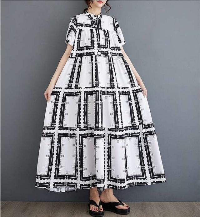 予約商品 大きいサイズ レディース モノトーン フレア ロング ワンピース ノーカラー 半袖 Aライン ワンピース 大人 30代 40代 50代 の通販は 5,799円