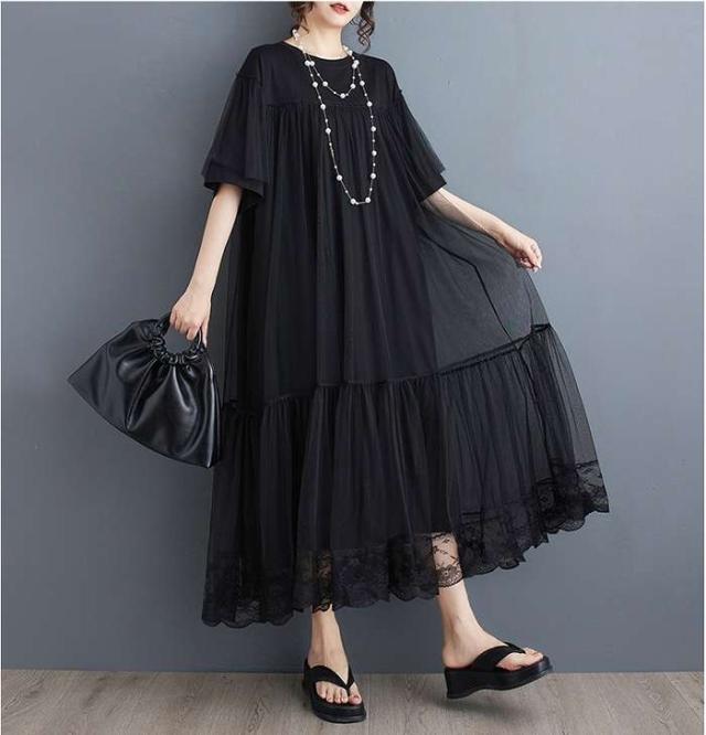 冬新作 予約商品 大きいサイズ レディース シースルーシフォン 重ねデザイン フレア ロング ワンピース 半袖 大人 黒 ティアードワンピース 大人 30代 40代 50代 夏服 202407の通販は