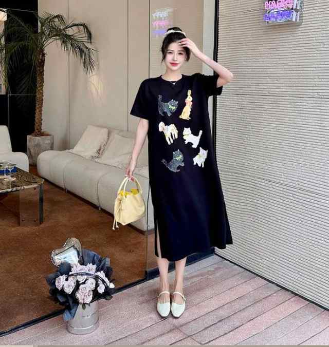 夏新作 予約商品 大きいサイズ レディース ロング丈 Tシャツワンピース ネコ うさぎ ドッグ アニマルプリントデザイン ワンピース 大人 30代 40代 50代 夏服 202407の通販は