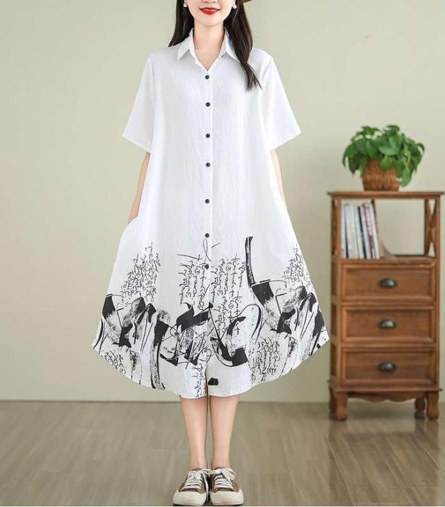 冬新作 予約商品 大きいサイズ レディース モノトーン配色プリントデザイン 半袖 シャツワンピース ヒザ下丈 大人 30代 40代 50代 夏服 202407の通販は