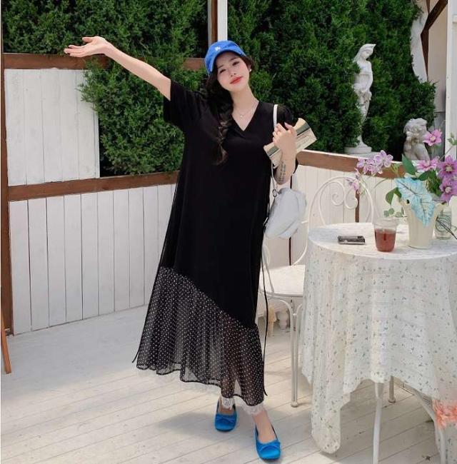 冬新作 予約商品 大きいサイズ レディース ドット柄シフォン レース切替デザイン ロングワンピース Vネック 半袖 異素材ドッキング 大人 30代 40代 50代 夏服 202407の通販は 5,624円