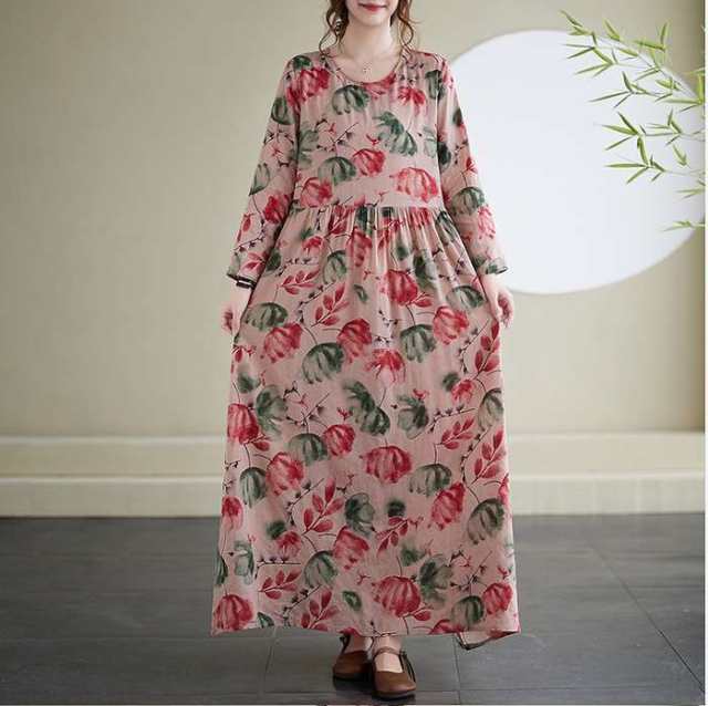 冬新作 予約商品 ワンピース ロング丈 長袖 花柄 ベージュ ゆったり ナチュラル 春秋 大きいサイズ レディース レディース 大人 30代 40代 50代 冬服 202411の通販は