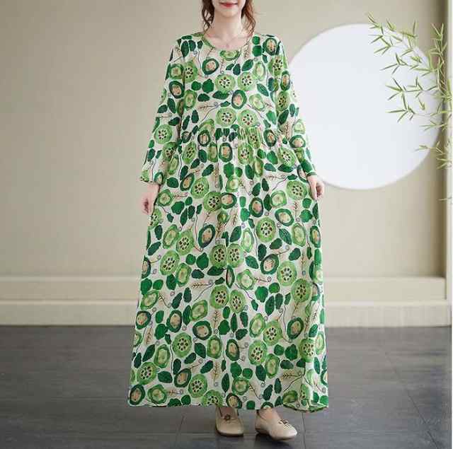 冬新作 予約商品 ワンピース ロング丈 長袖 花柄 グリーン ゆったり ナチュラル 春秋 大きいサイズ レディース レディース 大人 30代 40代 50代 冬服 202411の通販は