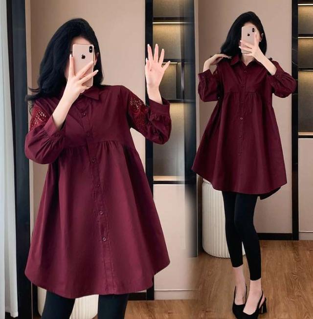 冬新作 予約商品 レース ワインレッド シャツワンピース エレガント 長袖 Aライン 無地 秋 冬 おしゃれ 大きいサイズ レディース レディース 大人 30代 40代 50代 冬服 202411の通販は