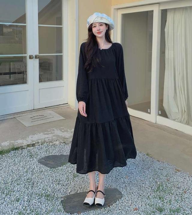 冬新作 予約商品 ワンピース ロング丈 無地 ラウンドネック 長袖 ブラック フェミニン 大きいサイズ 秋冬 レディース レディース 大人 30代 40代 50代 冬服 202411