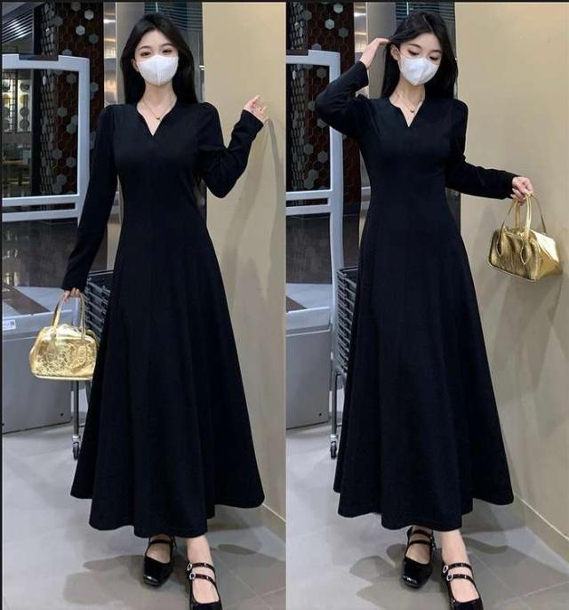 冬新作 予約商品 ワンピース 長袖 ロング丈 無地 ブラック Vネック 上品 秋冬 大きいサイズ レディース レディース 大人 30代 40代 50代 冬服 202411の通販は