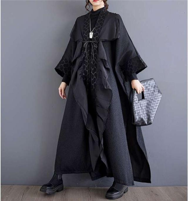 冬新作 予約商品 レイヤード ワンピース ブラック ドレープ ドット柄 ロング丈 ドルマンスリーブ 秋冬 ゆったり 大人 大きいサイズ レディース レディース 大人 30代 40代 50代 冬服 202411の通販は