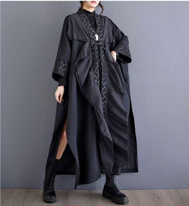 冬新作 予約商品 レイヤード ワンピース ブラック ドレープ ドット柄 ロング丈 ドルマンスリーブ 秋冬 ゆったり 大人 大きいサイズ レディース レディース 大人 30代 40代 50代 冬服 202411の通販は