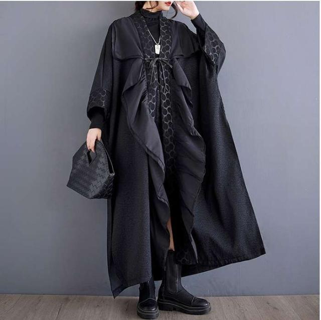 冬新作 予約商品 レイヤード ワンピース ブラック ドレープ ドット柄 ロング丈 ドルマンスリーブ 秋冬 ゆったり 大人 大きいサイズ レディース レディース 大人 30代 40代 50代 冬服 202411の通販は