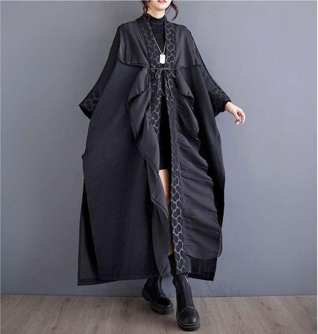 冬新作 予約商品 レイヤード ワンピース ブラック ドレープ ドット柄 ロング丈 ドルマンスリーブ 秋冬 ゆったり 大人 大きいサイズ レディース レディース 大人 30代 40代 50代 冬服 202411の通販は